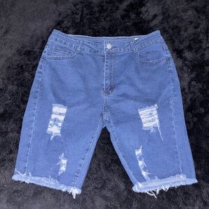 Dark Wash Ripped Bermuda Shorts